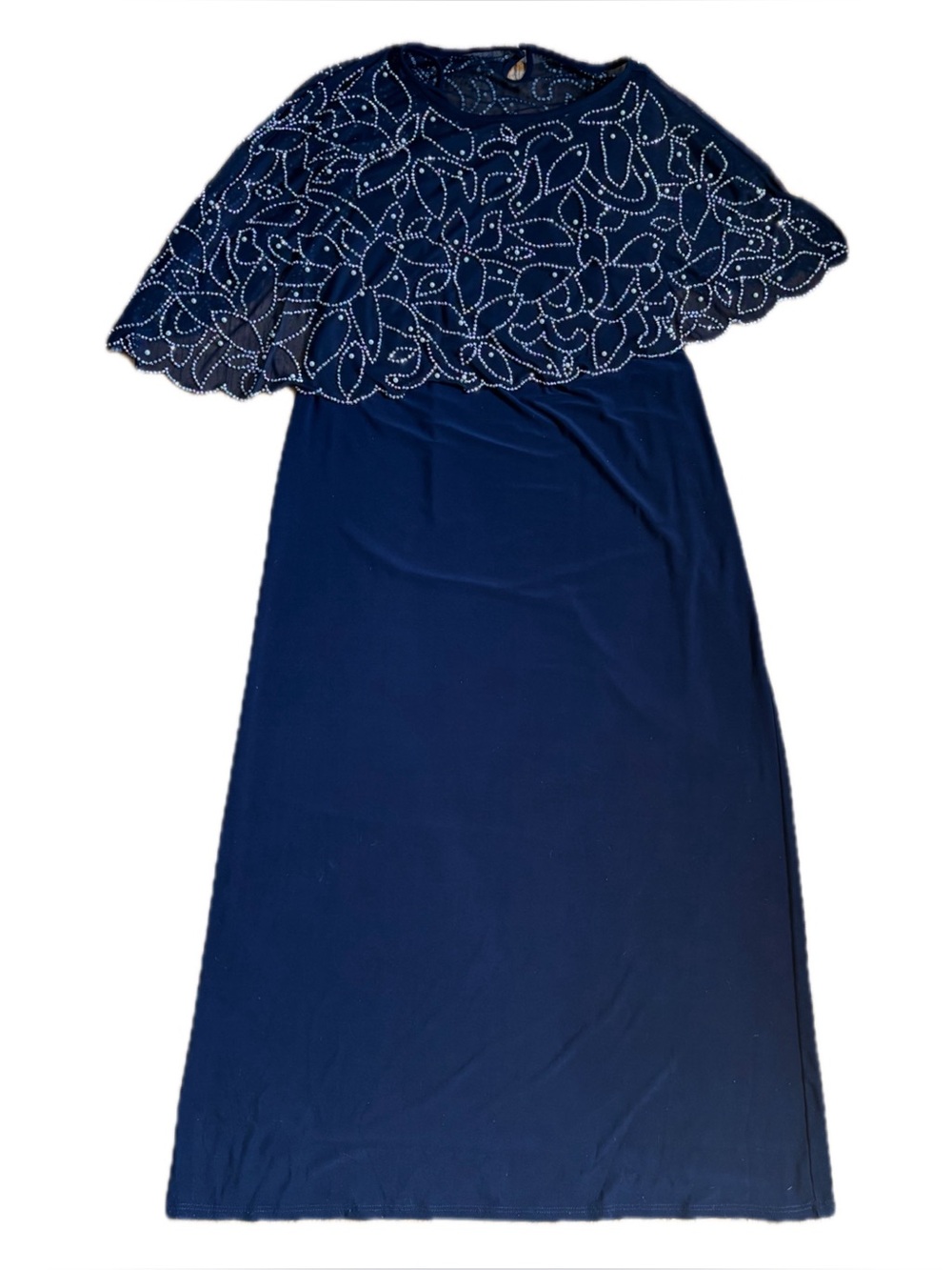 MSK Navy Blue Evening Gown with Beaded Capelet Overlay Maxi Dress Size Large